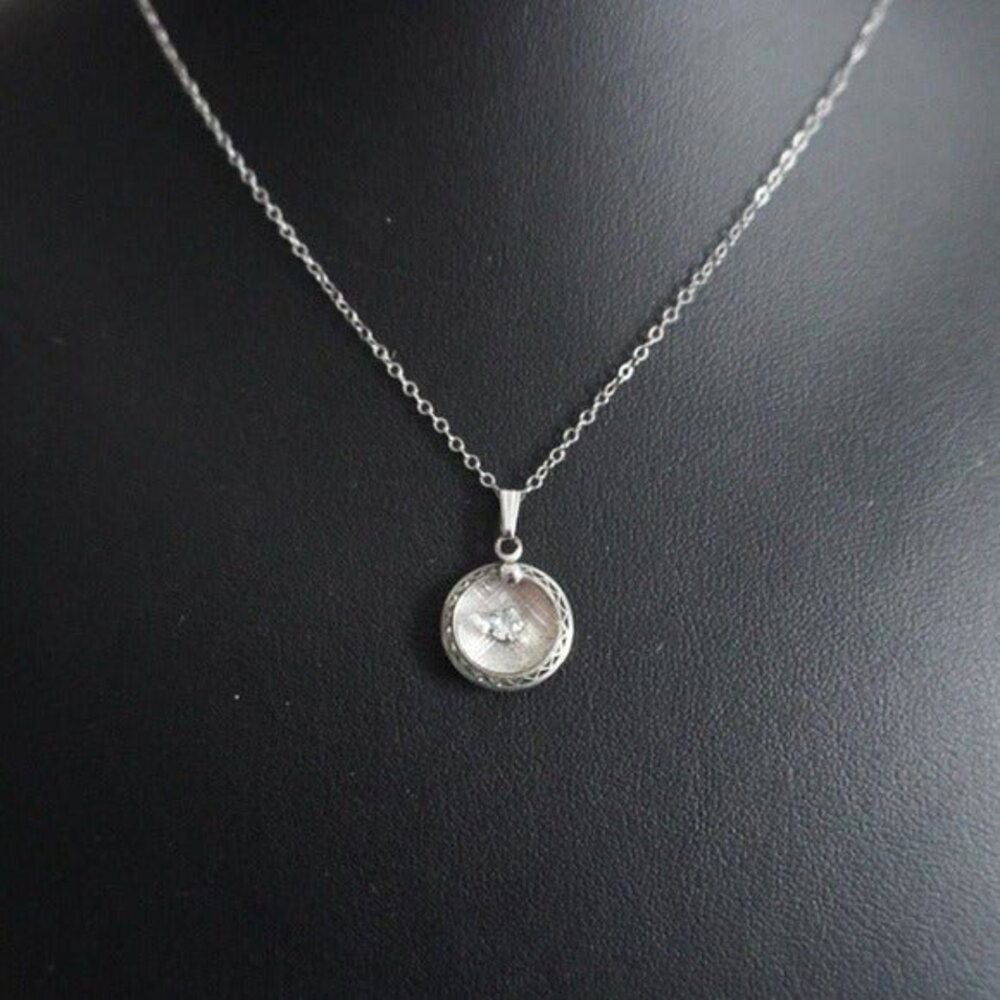 Small Round Pendant Necklace with Center Rhinestone Silver Tone - Picture 3 of 6